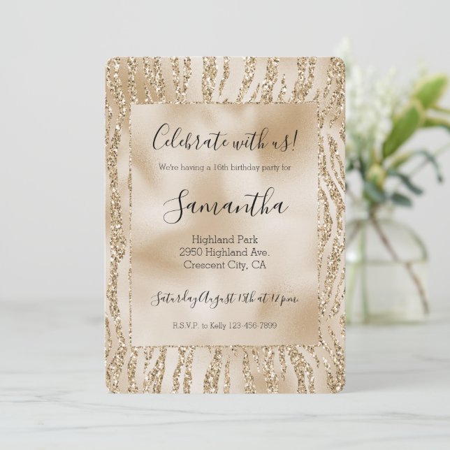 Gold Luxe Glitter Zebra Print Sweet 16 Invitation (Standing Front)