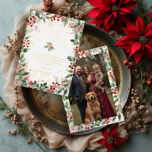Gold Luxurious Classy Christmas Holly Branches  Foil Holiday Card (Gold Luxurious Classy Christmas Holly Branches Frame with Photo Back Foil Holiday Cards. )