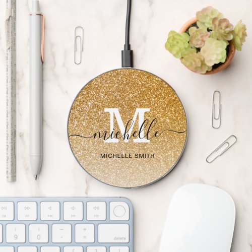 Gold Luxurious Script Monogram Monogrammed Name  Wireless Charger
