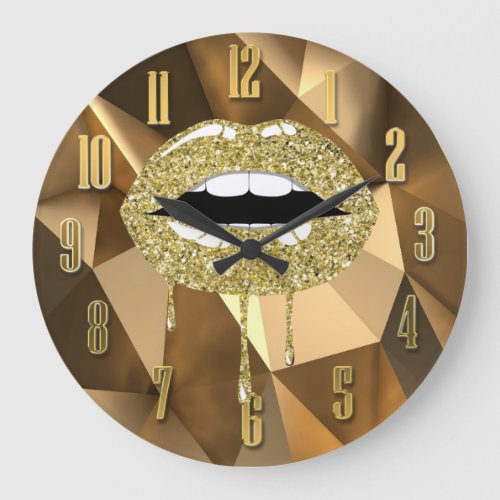 Gold Luxury Beauty Glam Glitter Drip Dripping Lips Large Clock