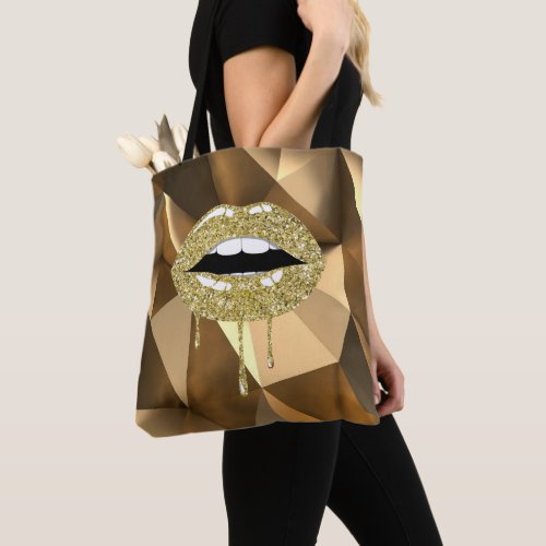 Gold Luxury Beauty Glam Glitter Drip Dripping Lips Tote Bag