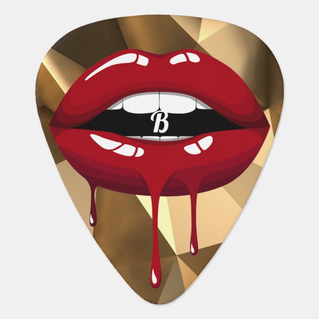 Gold Luxury Beauty Glamour Red Drip Dripping Lips Guitar Pick (Front)