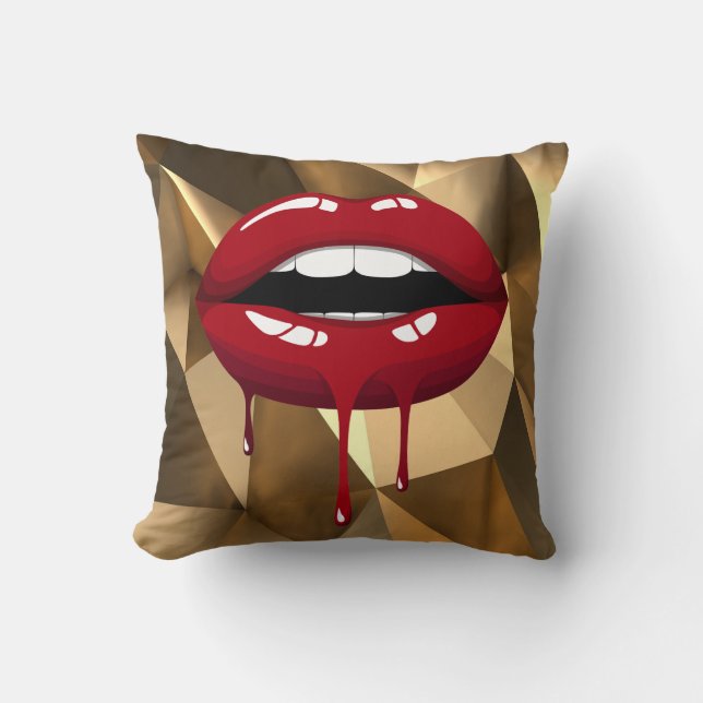 Gold Luxury Beauty Glamour Red Drip Dripping Lips Throw Pillow (Front)