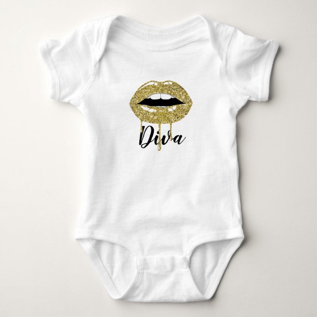 Gold Luxury Beauty Glitter Drip Dripping Lips Baby Bodysuit (Front)