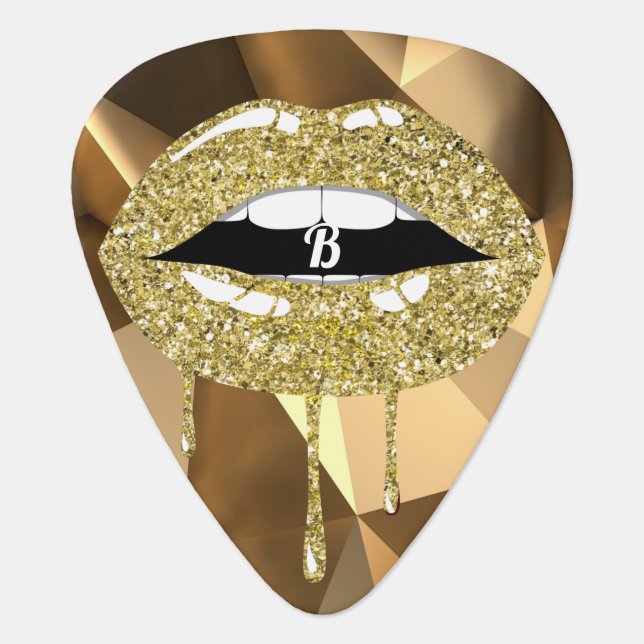 Gold Luxury Beauty Glitter Drip Dripping Lips Guitar Pick (Front)
