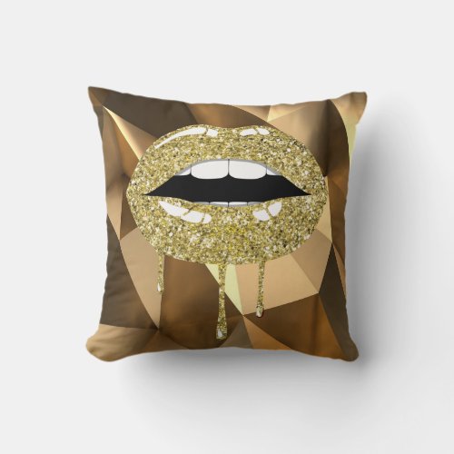 Gold Luxury Beauty Glitter Drip Dripping Lips Throw Pillow