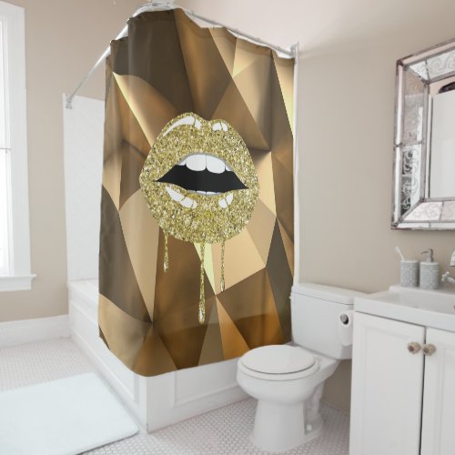 Gold Luxury Beauty Glitter Glam Drip Dripping Lips Shower Curtain