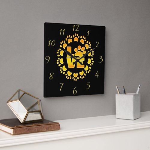 Gold luxury decoration dog paw shiny print black square wall clock