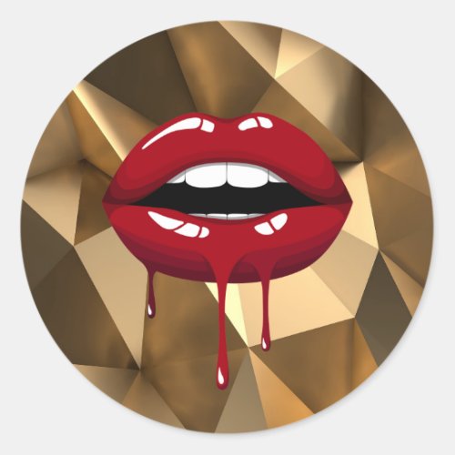 Gold Luxury Faux Glitter Red Drip Dripping Lips Classic Round Sticker