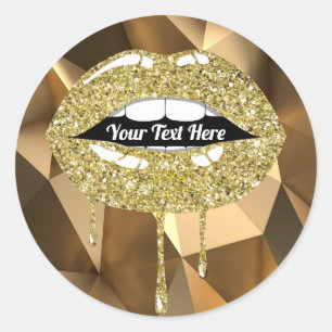 Gold Luxury Glam Faux Glitter Drip Dripping Lips Classic Round Sticker