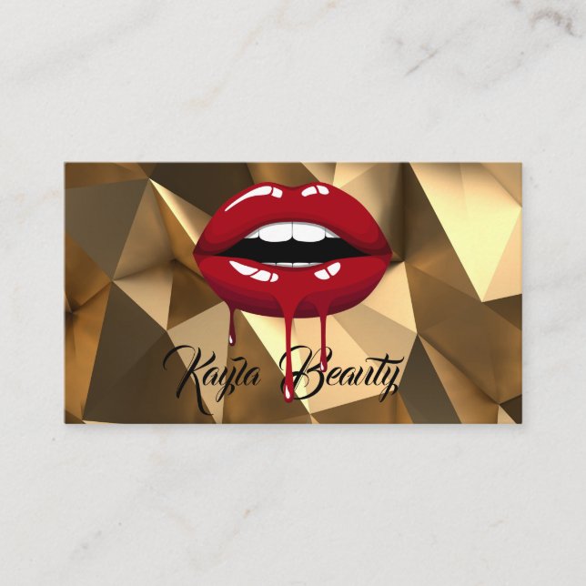 Gold Luxury Glam Red Drip Dripping Lips Makeup Business Card (Front)