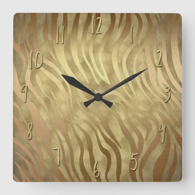 Gold Luxury Luxurious Zebra Jungle Safari Glam Square Wall Clock (Front)