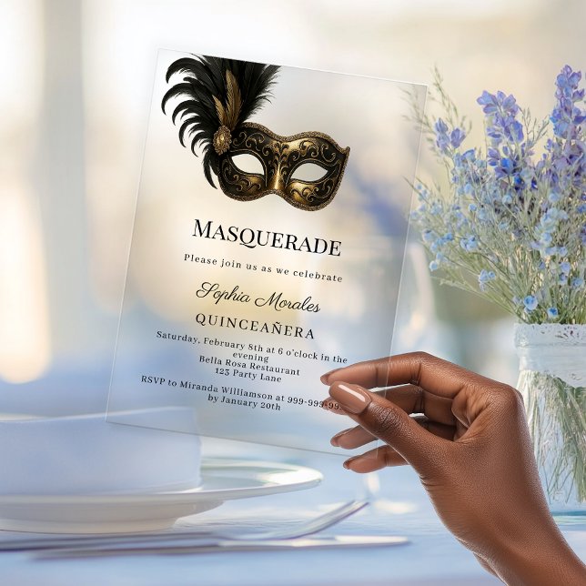 Gold luxury Masquerade Quinceanera Acrylic Invitations (Creator Uploaded)