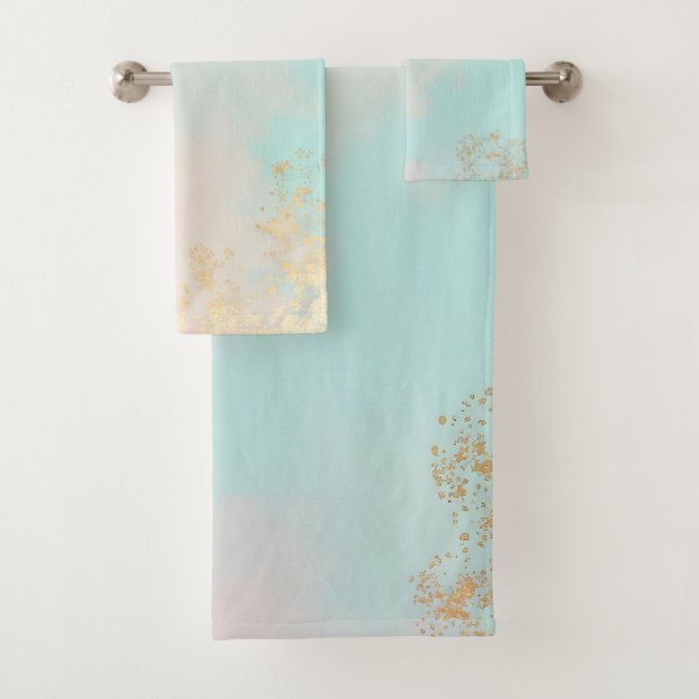 Gold Luxury Modern Blush Pink Soft Mint Collection Bath Towel Set (Insitu)