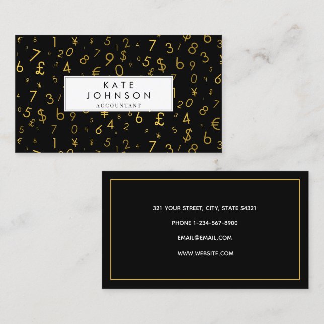 Gold Luxury Number & Currency Symbols Accountant  Business Card (Front/Back)