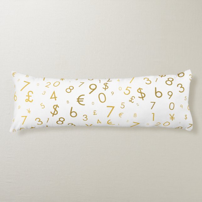 Gold Luxury Numbers & Currency Symbols Pattern Body Pillow (Front)