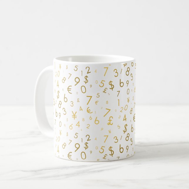 Gold Luxury Numbers & Currency Symbols Pattern Coffee Mug (Front Left)