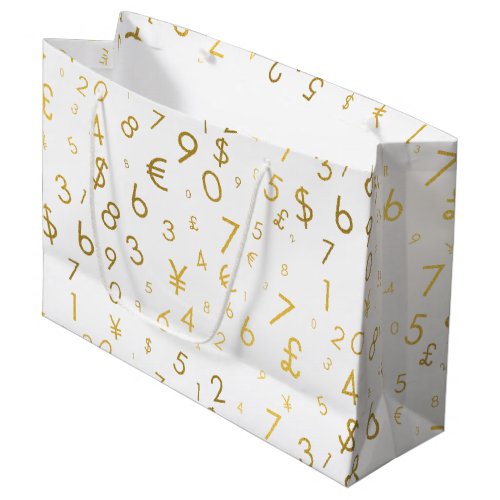 Gold Luxury Numbers  Currency Symbols Pattern Large Gift Bag