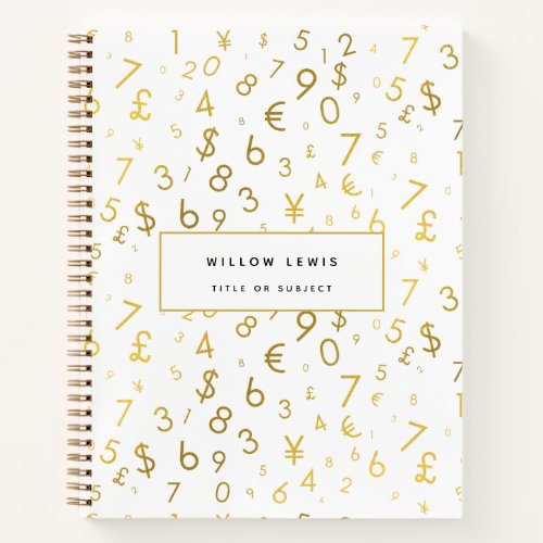 Gold Luxury Numbers  Currency Symbols Pattern Notebook