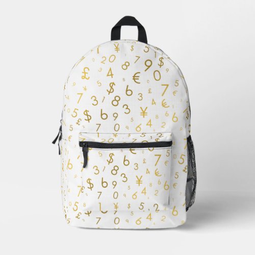 Gold Luxury Numbers  Currency Symbols Pattern Printed Backpack