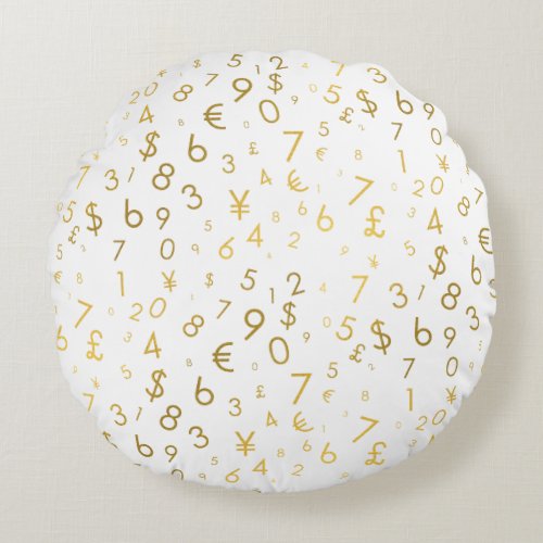 Gold Luxury Numbers  Currency Symbols Pattern Round Pillow