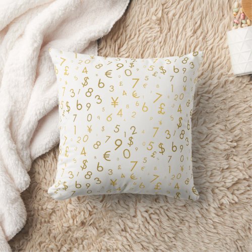 Gold Luxury Numbers  Currency Symbols Pattern Throw Pillow