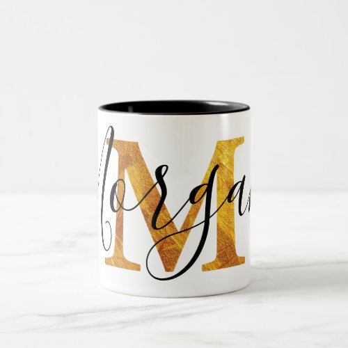 Gold M Monogram w Personalized Name Two_Tone Coffee Mug