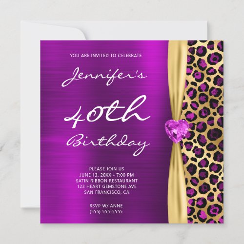 Gold Magenta Leopard Foil Gem Ribbon 40th Birthday Invitation