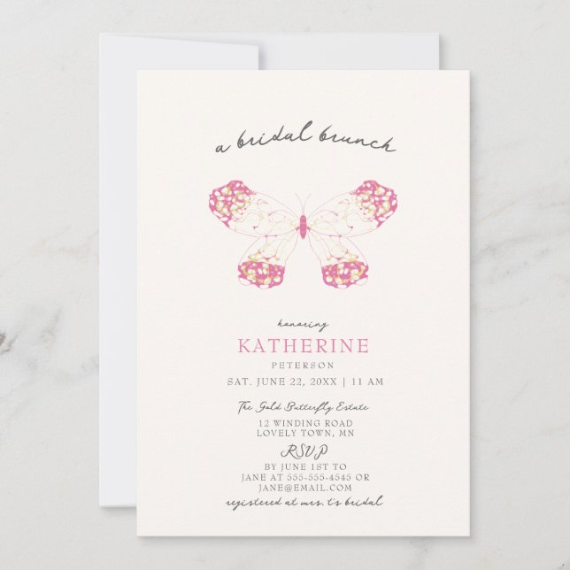 Gold Magenta Pretty Butterfly Modern Bridal Shower Invitation (Front)