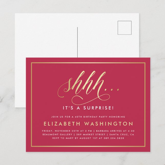 Gold & Magenta Surprise Birthday Party Invitation Postcard (Front/Back)