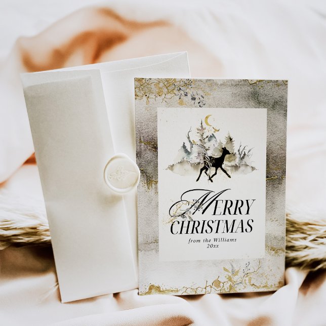 Gold Magic Forest Floral Photo Christmas Holiday Card (Creator Uploaded)