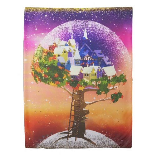 Gold Magic Planet Christmas Tree Duvet Cover