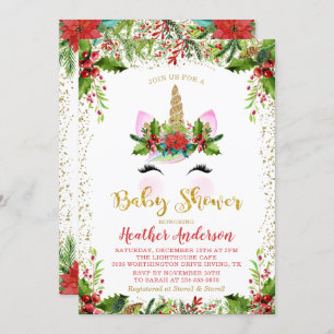 Gold Magical Christmas Unicorn Baby Shower Invitation