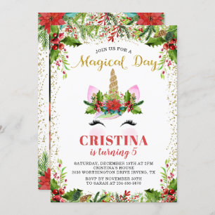 Gold Magical Christmas Unicorn Birthday Photo Invitation