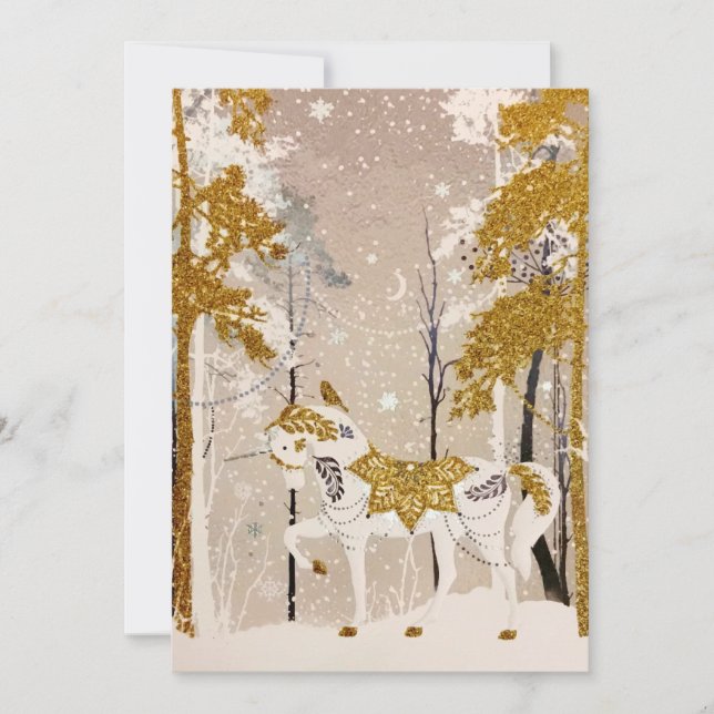 Gold Magical Snowy Forest Unicorn Nature Holiday Card (Front)