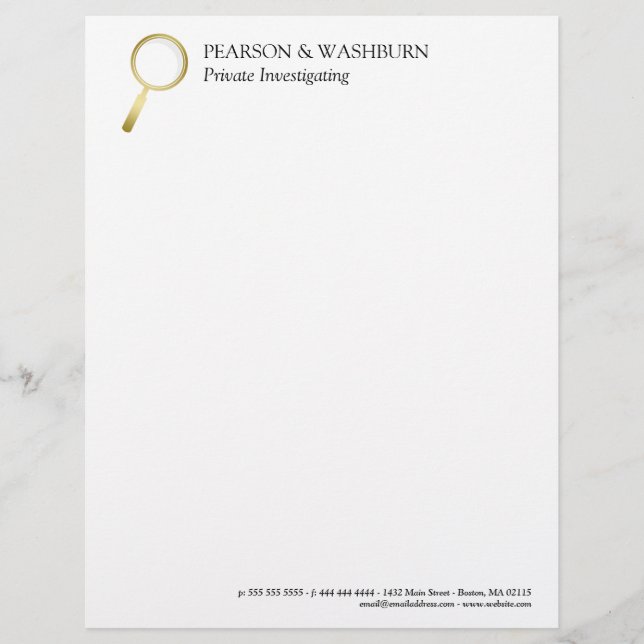 Gold Magnifying Glass Private Eye Name & Contact Letterhead (Front)