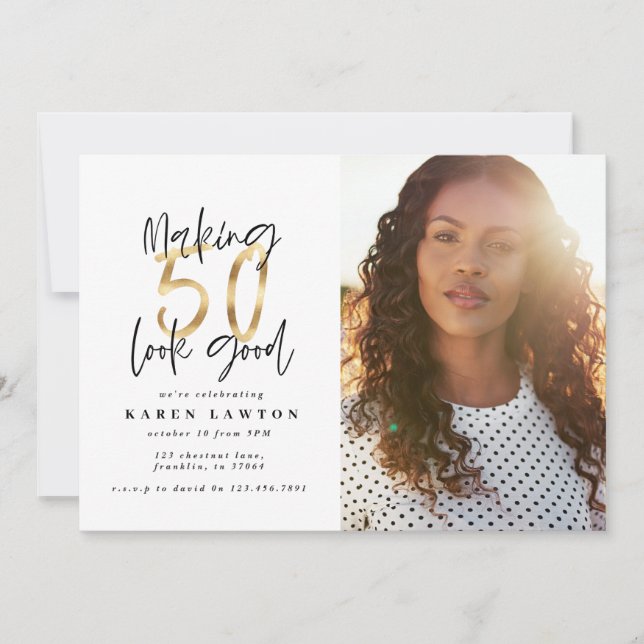 Gold making 50 look good photo birthday invitation (Front)