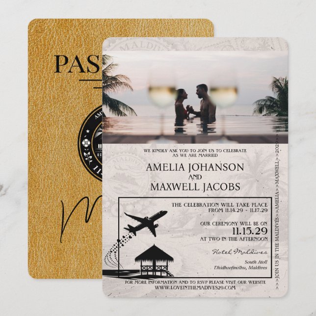 Gold Maldives Passport Wedding Invitation (Front/Back)