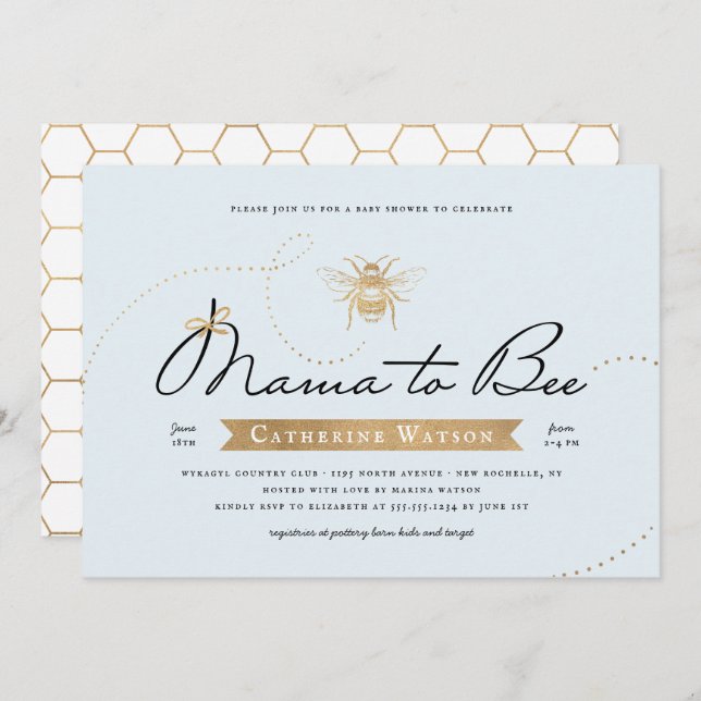 Gold Mama to Bee Baby Shower Blue Invitation (Front/Back)