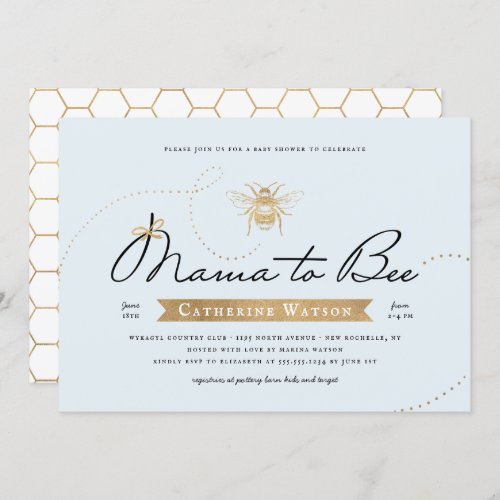 Gold Mama to Bee Baby Shower Blue Invitation