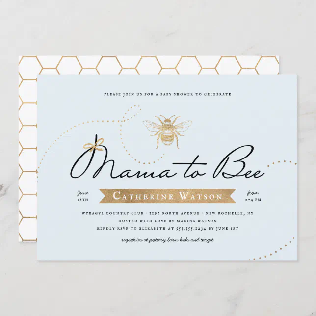 Gold Mama to Bee Baby Shower Blue Invitation | Zazzle