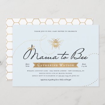 Gold Mama To Bee Baby Shower Blue Invitation by NBpaperco at Zazzle