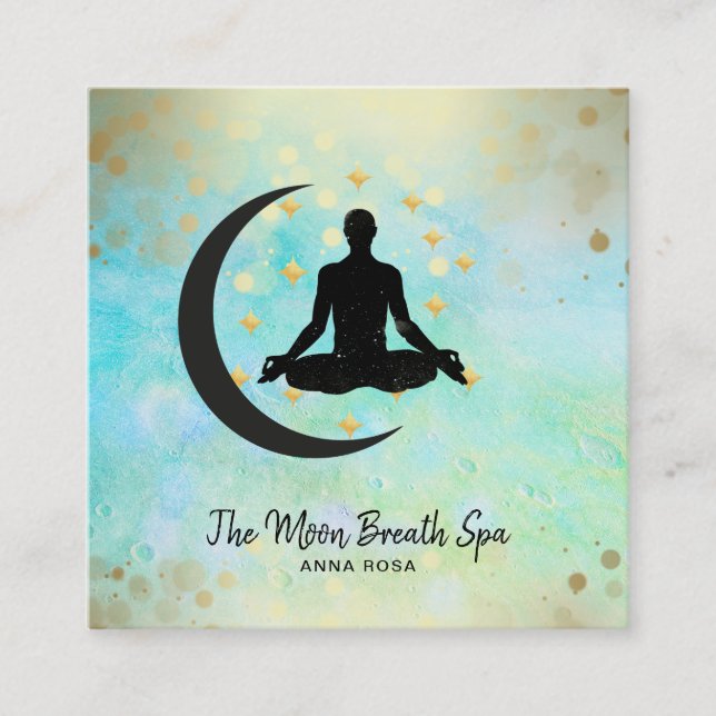 *~* Gold Man +  Moon Meditation Yoga Mindfulness Square Business Card (Front)