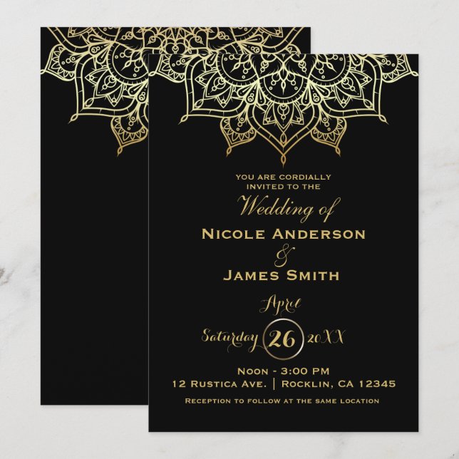 Gold Mandala Black Chic Modern Elegant Wedding Invitation (Front/Back)