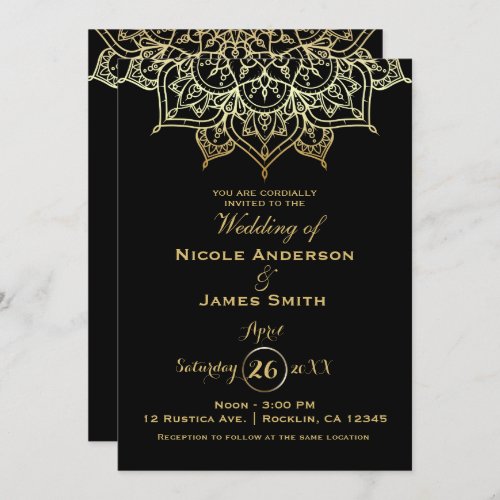 Gold Mandala Black Chic Modern Elegant Wedding Invitation