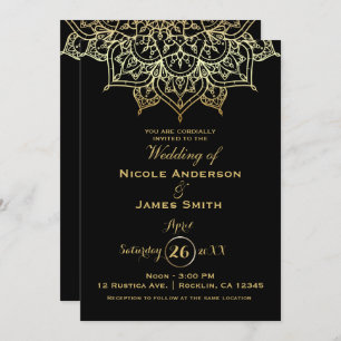 Gold Mandala Black Chic Modern Elegant Wedding Invitation