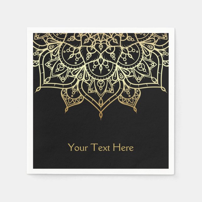 Gold Mandala Black Chic Modern Glam Party Paper Napkins (Front)