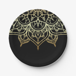 Gold Mandala Black Chic Modern Glam Party Paper Plates