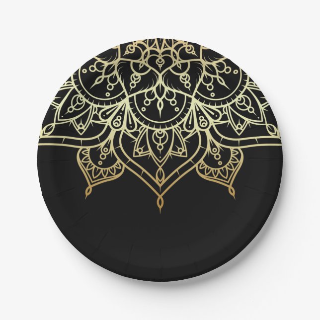 Gold Mandala Black Chic Modern Glam Party Paper Plates (Front)