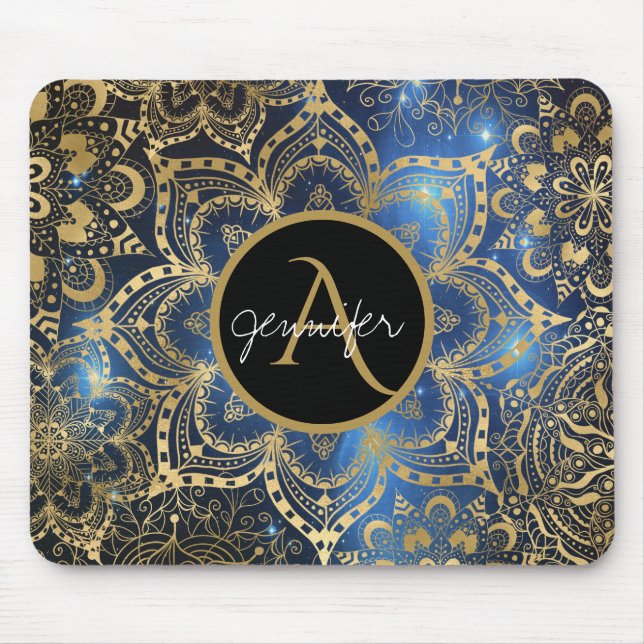 Gold Mandala Blue Nebula Monogram Floral Mouse Pad (Front)